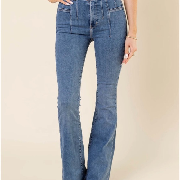 FREE PEOPLE SUNBURST BLUE JAYDE FLARE JEAN 28 NWOT - Picture 5 of 15
